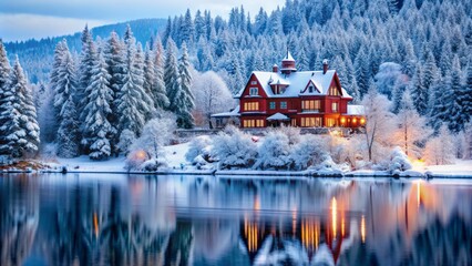 Fototapeta premium Isolated grandiose crimson mansion amidst wintry wonderland, surrounded by snow-laden trees, frozen lakes, and majestic mountainous scenery, exudes luxury and serenity.