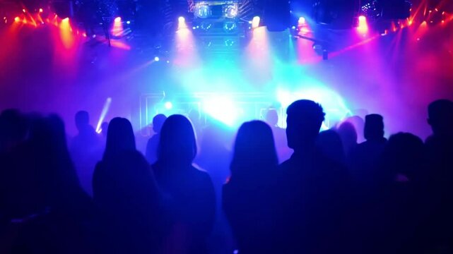 Silhouette, party or crowd in a underground club, dance concert dancing with freedom in crazy rock music festival at night. Audience, nightclub and excited people at a techno, rave or punk disco event