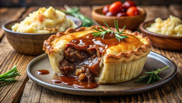 Hearty plate of savory Australian meat pie with flaky crust, rich gravy, caramelized onions, ketchup, and creamy mashed potatoes.