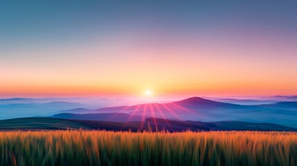 Fototapeta premium Beautiful sunrise over rolling hills with colorful sky and golden grass in the foreground, making a stunning natural landscape scene.