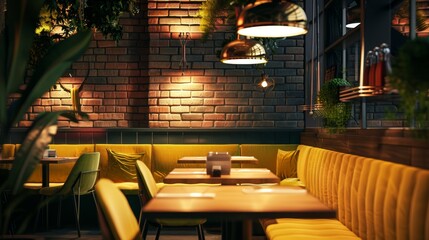 Modern cafe interior  stylish design with yellow green lighting for relaxing and socializing