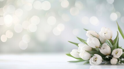 Beautiful white tulip bouquet on a light background with bokeh effect, perfect for springtime and celebration themes.
