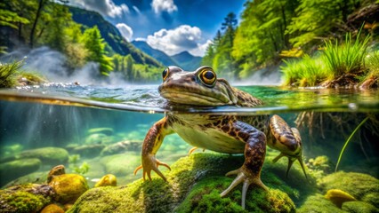 Majestic Japanese Giant Salamander swims against the strong current in a crystal-clear mountain stream surrounded by lush greenery underwater.