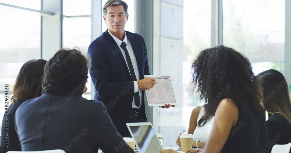Aufkleber coaching, presentation and tablet with business people in boardroom of office together for feedback.