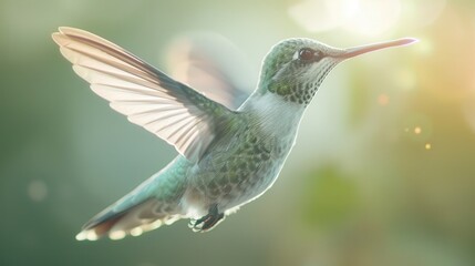 Fototapeta premium A hummingbird is flying in the air with its wings spread out