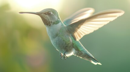 Fototapeta premium A hummingbird is flying in the air with its wings spread wide