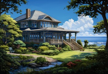 Obraz premium Realistic Skies A Home Amidst Lush Greenery in Silver and Indigo.jpeg