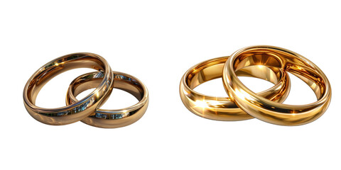 Gold Wedding Rings Isolated Set Isolated on Transparent or White Background, PNG