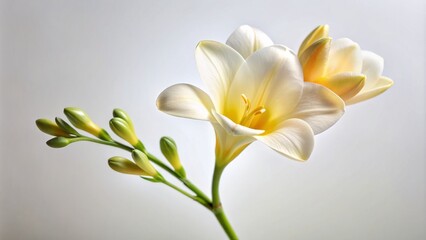 Delicate, trumpet-shaped, pale yellow freesia bloom with subtle texture and intricate details against a pristine, creamy white background.