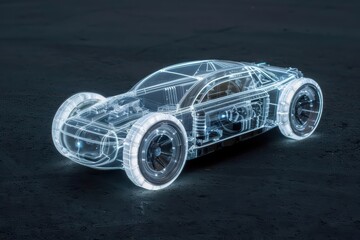Fototapeta premium In a supernatural scene, spectral mechanics crafted a futuristic solar car, its translucent body shimmering with the power of enchanted sunlight