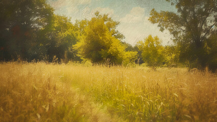 Fototapeta premium Summer Meadow - Vintage Painting, Rustic Art, Seasonal, Cottage core, Country, Antique