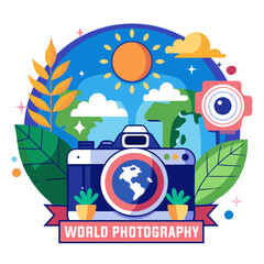 World Photography Day Background Illustration. Camera, sun, leaves, flower, sky, and cloud elements.
