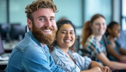 Obraz premium Young office group smiling, man in blue shirt featured.
