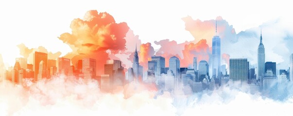 Watercolor painting of a city skyline with clouds in the background.