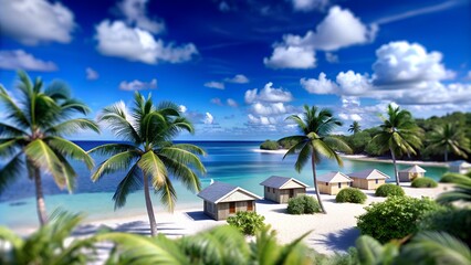 Fototapeta premium beautiful view from the island to the calm sea. There are small bungalows on the island , surrounded by greenery of foliage and palm trees