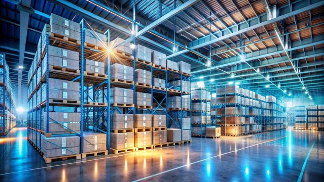 Modern holographic warehouse with organized boxes and pallets on shelves, surrounded by futuristic digital data visualization of global logistics.