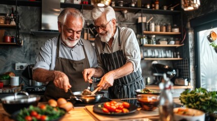 senior couple in aprons is tasting dishes and smiling while cooking together in kitchen