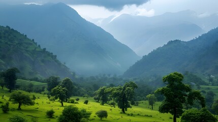 Obraz premium Majestic view of beautiful lush green valley with trees and colorful grass against picturesque high mountains. 