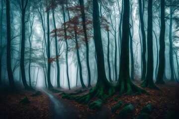 Naklejka premium Panorama of foggy forest. Fairy tale spooky looking woods in a misty day. Cold foggy morning in horror forest.
