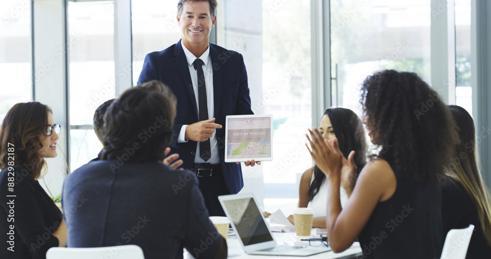 Poster applause, presentation and tablet with business people in boardroom of office together for planning.