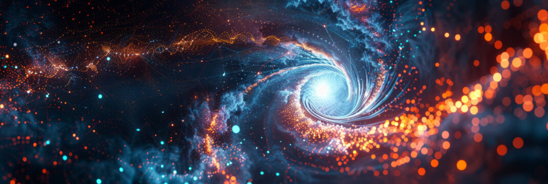 Conceptual cluster, a swirling vortex of data streams merging into a central core of interconnected nodes.