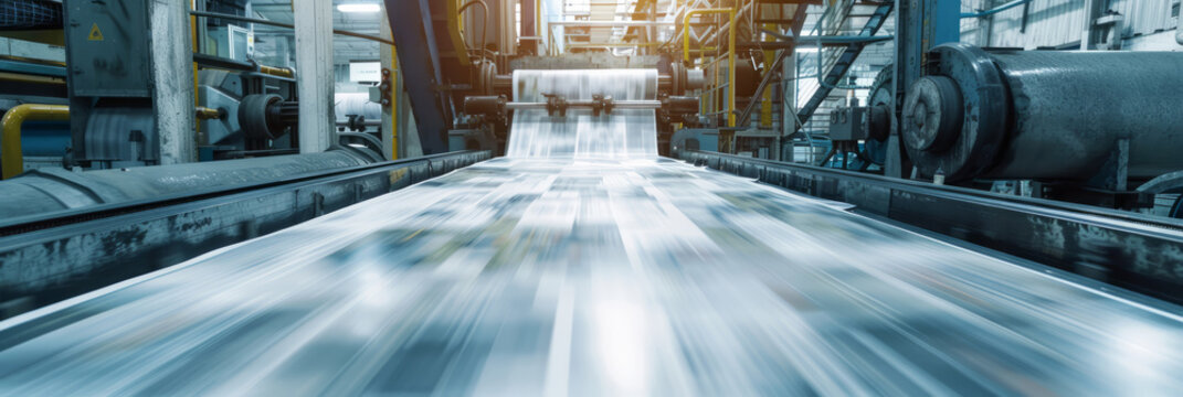 A printing press rapidly churning out newspapers, with the machinery's rhythmic motions creating a hypnotic effect