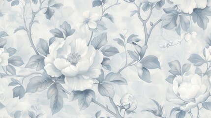 A blue and white floral wallpaper with a tree branch