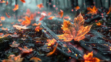 Autumn forest maple leaves with ai programming symbols in 3d clipart, computer engineering concept