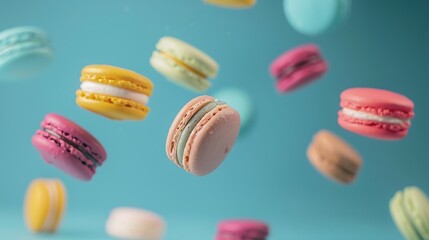 Various Colorful of Macarons Floating on the Air on blue background
