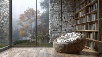 Cozy room with stone wood structure, glass window, bookshelves, rattan chair, plush cushion on floor