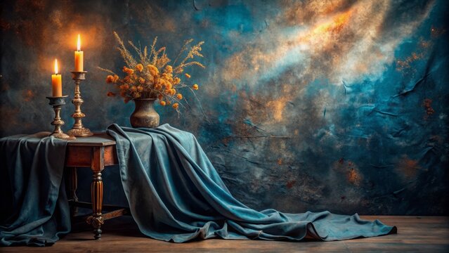 Dark, mysterious studio backdrop featuring a blue-painted, vintage muslin fabric canvas with embers-inspired, abstract centerpiece, perfect for dramatic portrait photography.
