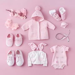 Set of baby girl clothes, shoes, accessories on pink background. Fashion newborn clothes. Flat lay, top view. Copy space.