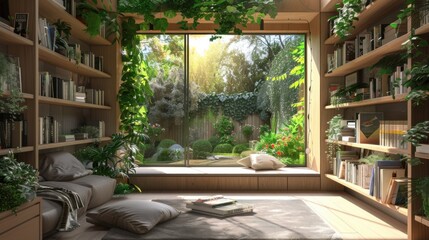 Bright, cozy reading nook surrounded by bookshelves and plants, with a large window offering a peaceful garden view.