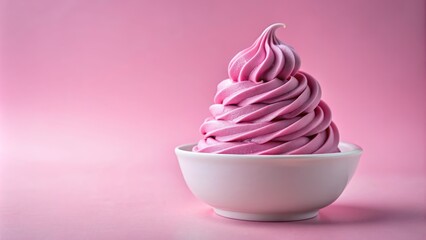 Creamy white bowl holding a scoop of vibrant pink taro-flavored soft serve ice cream against a pastel pink background.