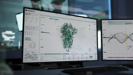 The doctors are running a new series of SARS-COV-2 tests. Freshly collected biological material is put through analysis. Spike protein structure and DNA data are compared. Laboratory research. UI. - Powered by Adobe