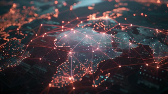 A digital map is overlaid with a complex network of glowing lines each representing a data transfer happening simultaneously between devices tered across the globe.