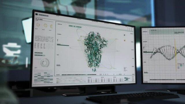 The doctors are running a new series of SARS-COV-2 tests. Freshly collected biological material is put through analysis. Spike protein structure and DNA data are compared. Laboratory research. UI.