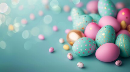Colorful Easter eggs in pastel and golden tones on a blue background, perfect for festive and holiday themes.