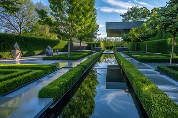 An elegant modern garden with geometric hedges, a reflecting pool, and minimalist sculptures
