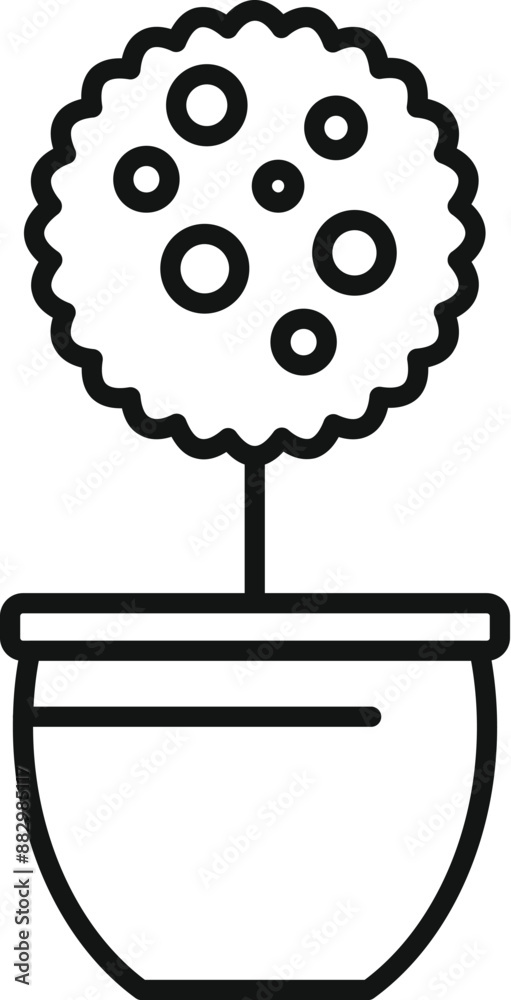 Sticker line drawing of a round shaped tree growing in a pot for garden decoration