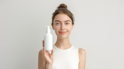 Radiant Woman Holding Facial Mist Bottle for Hydrated Skin Care on White Background - Beauty Concept in Studio Light, Generative Ai