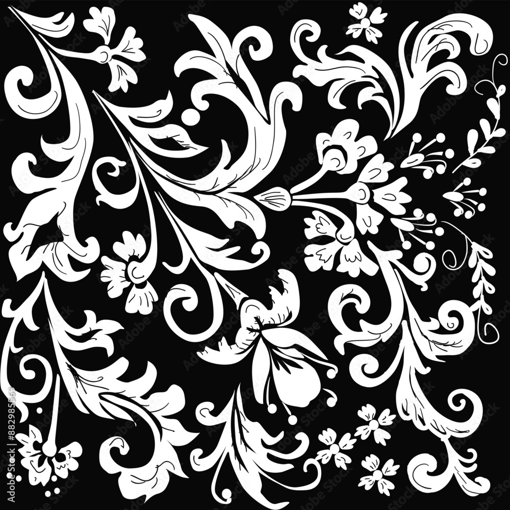 Wall mural white floral square asymmetric design on black