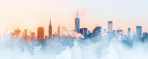 Watercolor painting of a city skyline peeking through a lush green forest with fog.