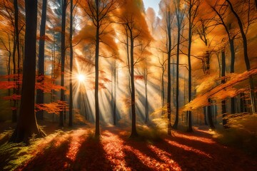 Obraz premium Autumn forest nature. Vivid morning in colorful forest with sun rays through branches of trees..