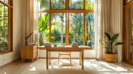 Bright home office with large windows, natural light, and lush garden view. Minimalist wooden desk and chair enhance the serene workspace.