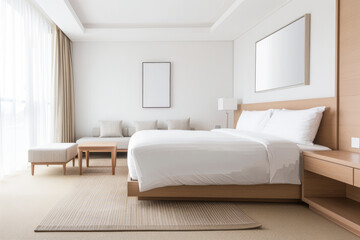 Fototapeta premium Luxury hotel room in neutral and beige colors with copy space. Hotel Real Estate investment conceptual image.