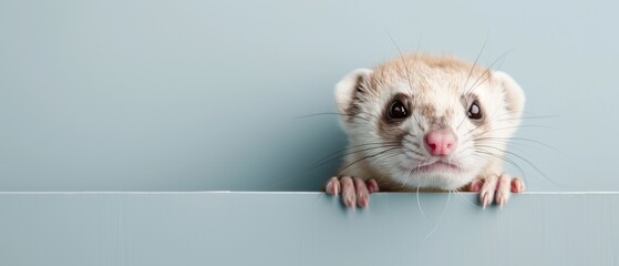 Fototapeta premium Cute ferret looking over a ledge with a curious expression against a light blue background, perfect for pet-related content or websites.