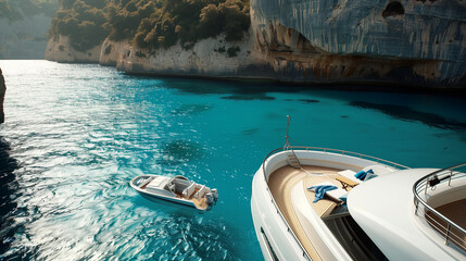 Sail away into the tranquil embrace of the open sea with this captivating view of a boat gently gliding across the water. The boat, with its sleek silhouette and vibrant sails.