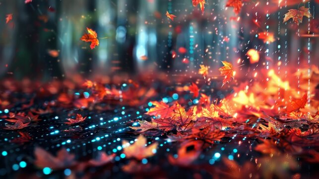 Autumn forest maple leaves fall wallpaper with 3d programming interface and code symbols