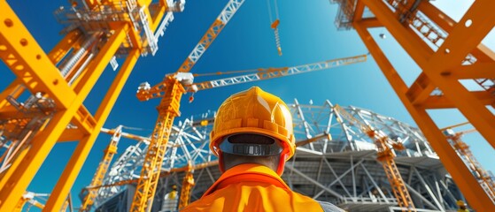 A sports stadium under construction, structural beams and materials, cranes and workers, realistic, photorealistic render, dynamic scene, high detail, modern infrastructure